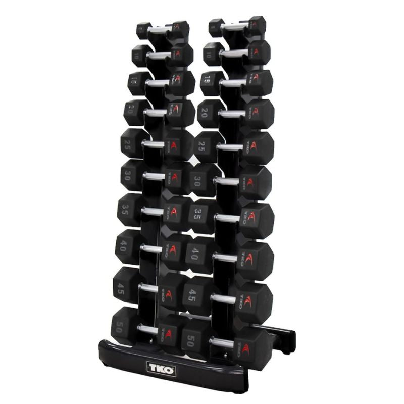 5-50lb urethane hex tri-grip handle dumbbells w_ 10 pair Vertical Dumbbell Rack Left Side View