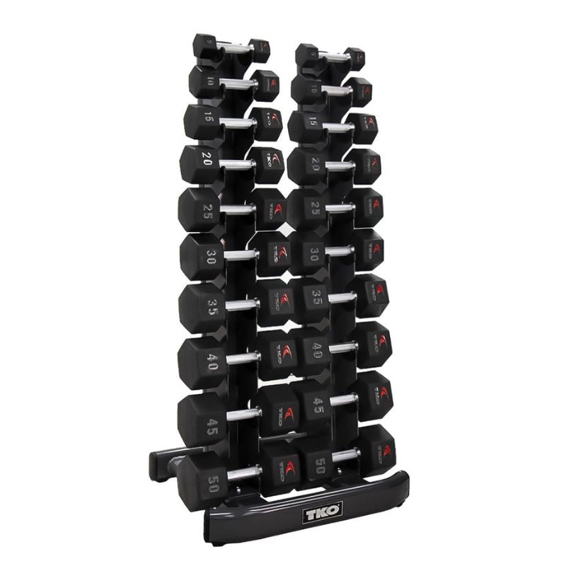 5-50lb urethane hex tri-grip handle dumbbells w_ 10 pair Vertical Dumbbell Rack Right Side View