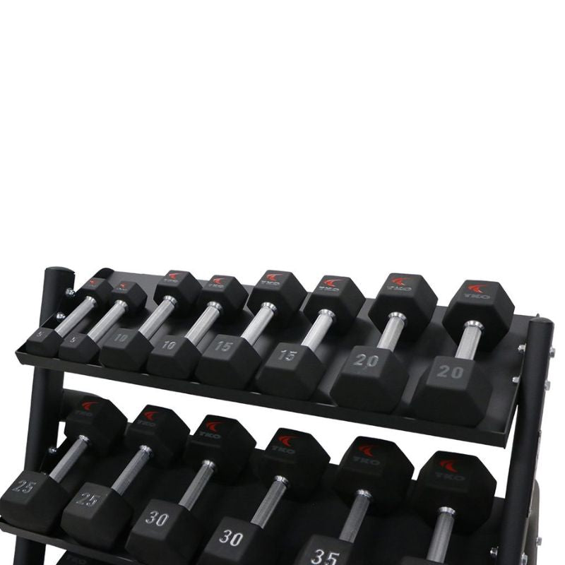 5-50lb urethane hex tri-grip handle dumbbells w_ 3 tier tray rack Details