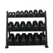 5-50lb urethane hex tri-grip handle dumbbells w_ 3 tier tray rack Front View