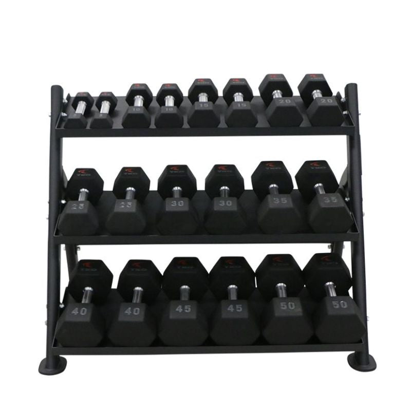 5-50lb urethane hex tri-grip handle dumbbells w_ 3 tier tray rack Front View