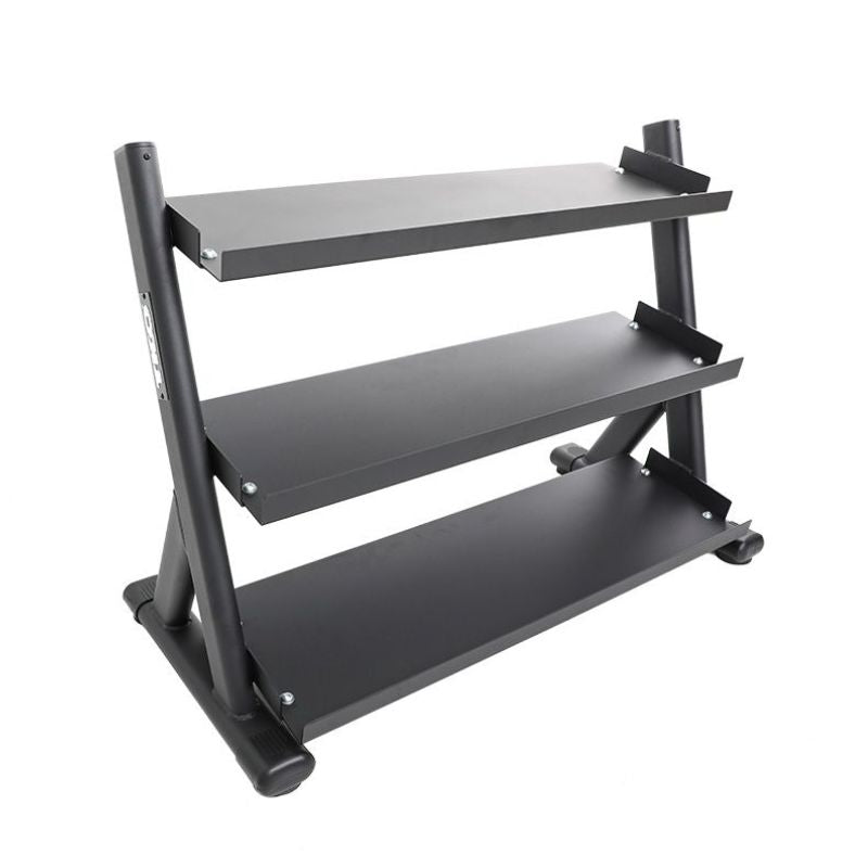5-50lb rubber hex straight handle dumbbells 3 tier tray rack front view