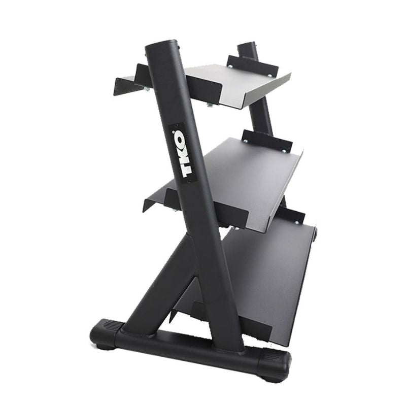 5-50lb rubber hex straight handle dumbbells 3 tier tray rack side view