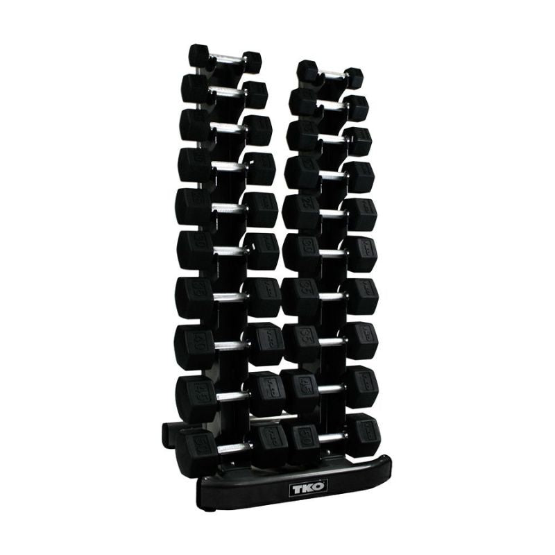 5-50lb rubber hex straight handle dumbbells w_ 10 pair Vertical Dumbbell Rack