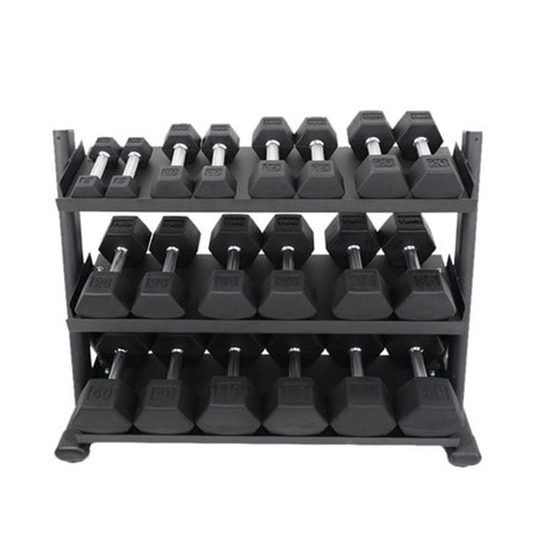 5-50lb rubber hex straight handle dumbbells w_ 3 tier tray rack