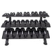 5-75lb rubber hex tri-grip handle dumbbells w_ Horizontal Dumbbell Rack Front View