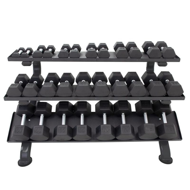 5-75lb rubber hex tri-grip handle dumbbells w_ Horizontal Dumbbell Rack Front View