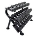 5-75lb rubber hex tri-grip handle dumbbells w_ Horizontal Dumbbell Rack Side View