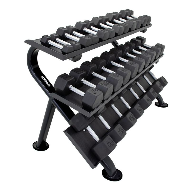 5-75lb rubber hex tri-grip handle dumbbells w_ Horizontal Dumbbell Rack Side View