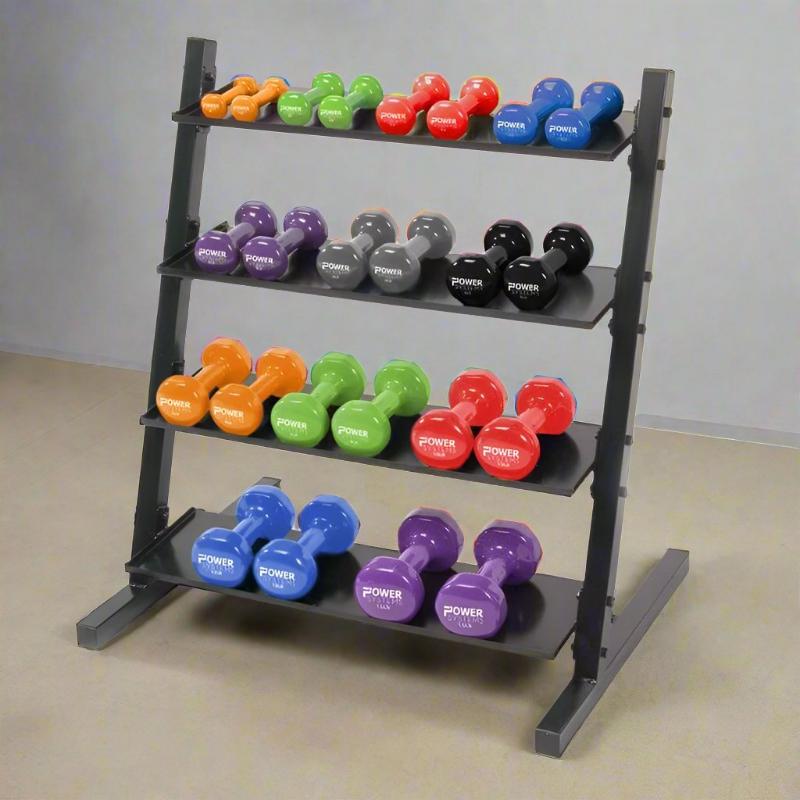 Power Systems Neoprene/Vinyl Dumbbell 4-Tier Rack w/ Deluxe Vinyl Dumbbell Prime Set 1-15 lbs | 61781