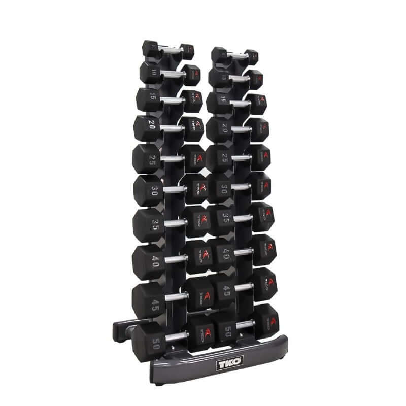 840VDR10  TKO Vertical Dumbbell Rack (Holds 5-50 Hex Dumbbells ) Sample with Dumbbells