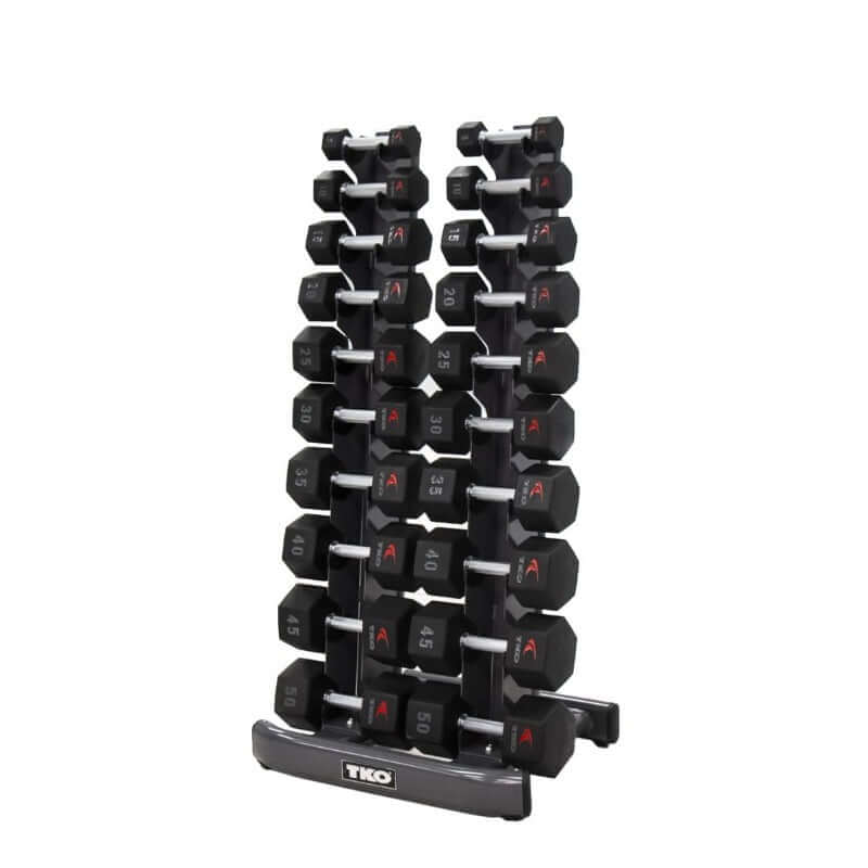 840VDR10  TKO Vertical Dumbbell Rack (Holds 5-50 Hex Dumbbells ) Sample with Dumbbells