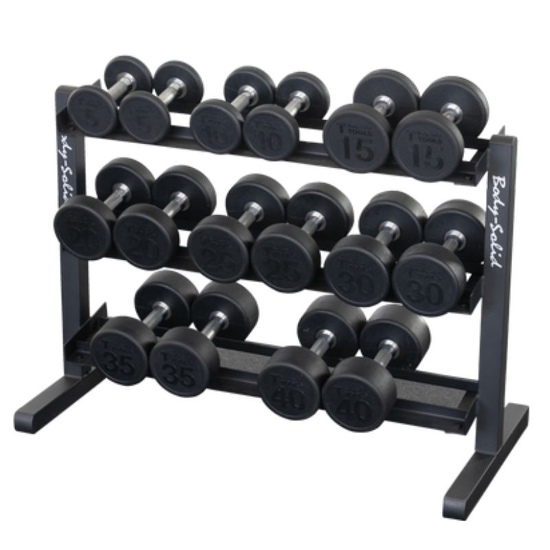 Body-Solid 3-Tier Dumbbell Rack - GDR363B with Body Solid Premium Round Rubber Dumbbells