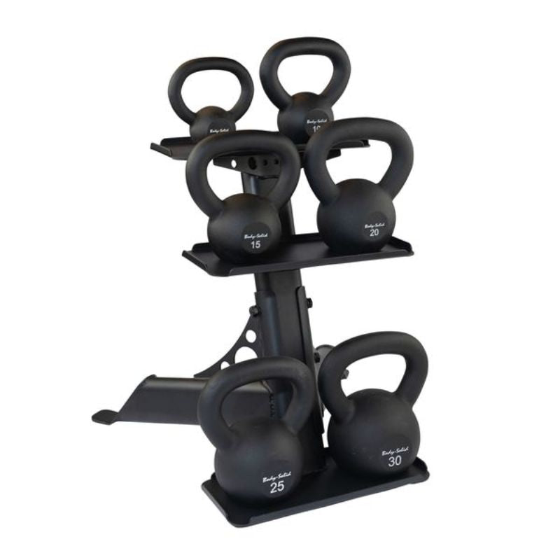 Body-Solid 3-Tier Kettlebell Rack - GDKR50B with KBR Iron Powder Coat Kettlebells