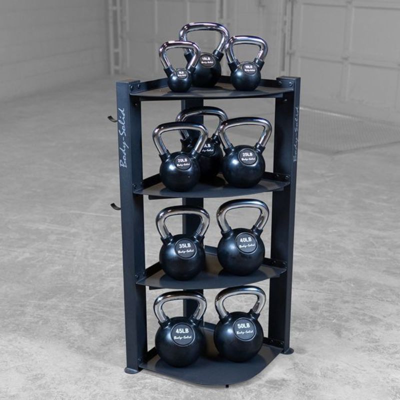 Body-Solid Corner Accessory Rack with KBC Premium Kettlebells