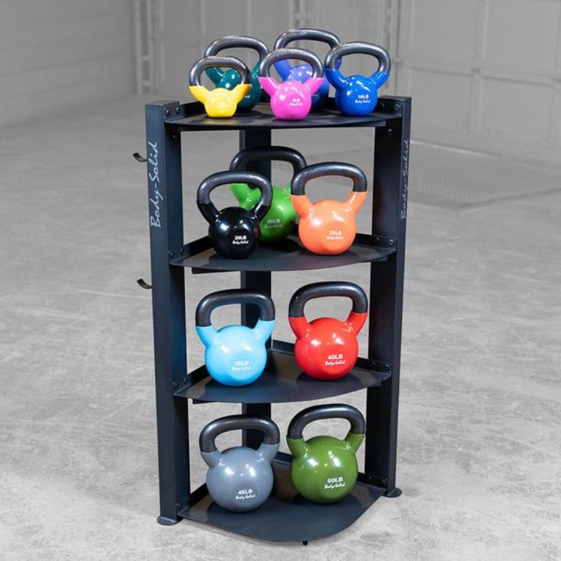 Body-Solid Corner Accessory Rack with KBV Vinyl Dipped Kettlebells