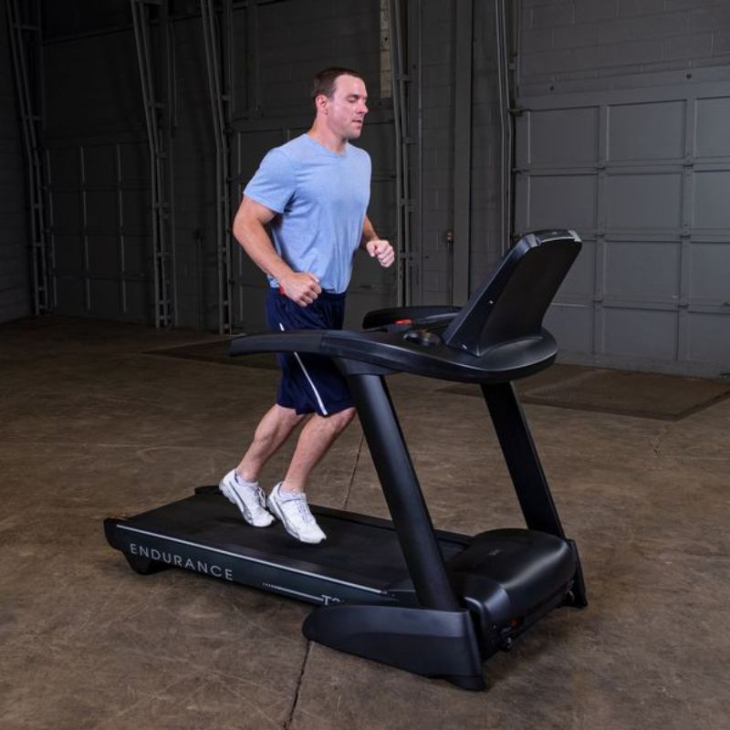 Body-Solid Endurance Folding Treadmill - T25 Right Side View Running