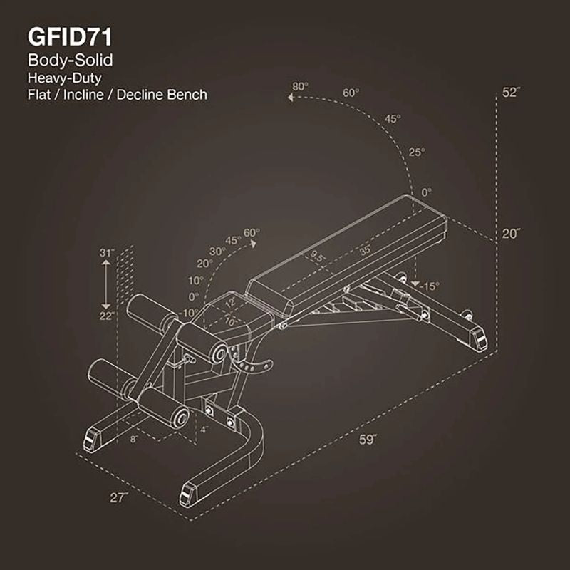 Body-Solid Heavy Duty Flat Incline Decline Bench - GFID71B Dimensions