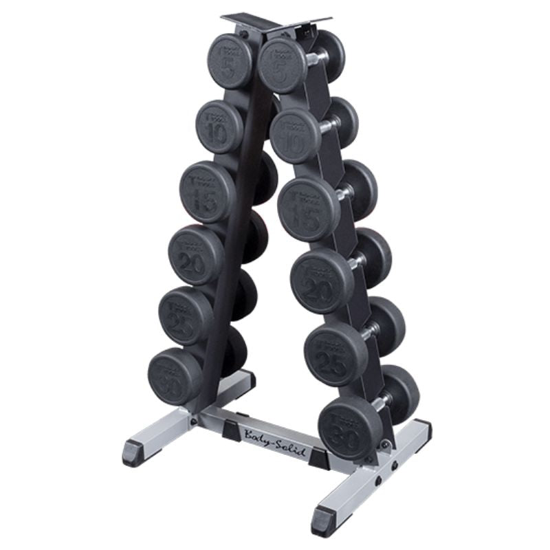 Body-Solid Vertical Dumbbell Rack - GDR44B with Body Solid Round Rubber Premium Dumbbells