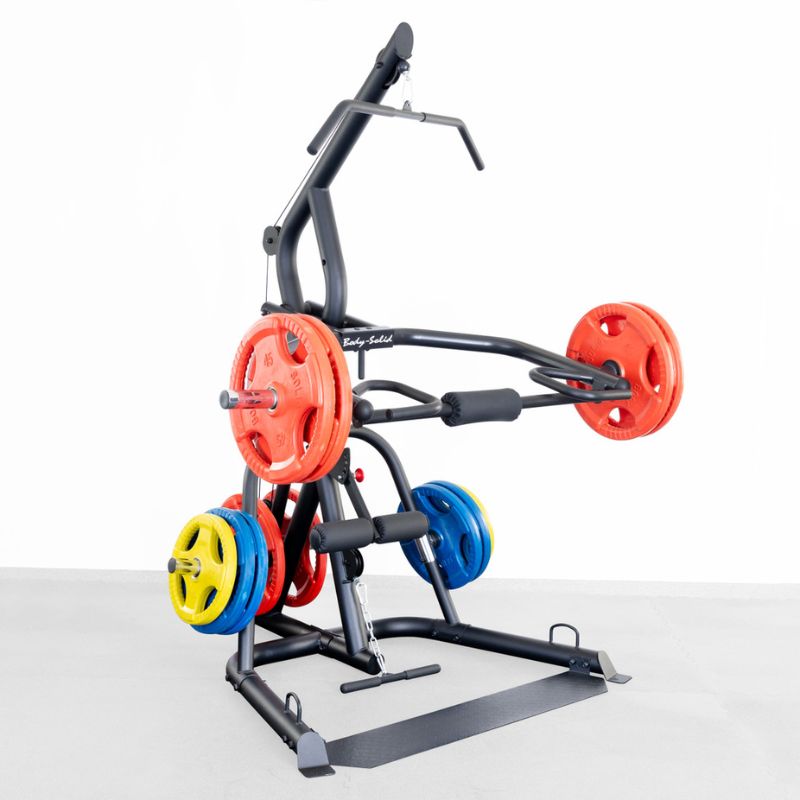 Body-Solid Corner Leverage Gym Package with Bench - GLGS100PB4 with Color Olympic Grip plates
