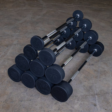 Body-Solid Fixed Weight Straight Barbell Sets - SBBS Set of 10 in Gym Floor
