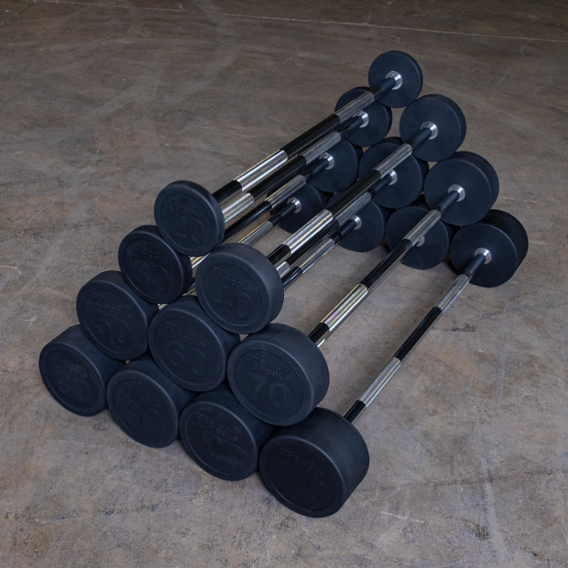Body-Solid Fixed Weight Straight Barbell Sets - SBBS Set of 10 in Gym Floor