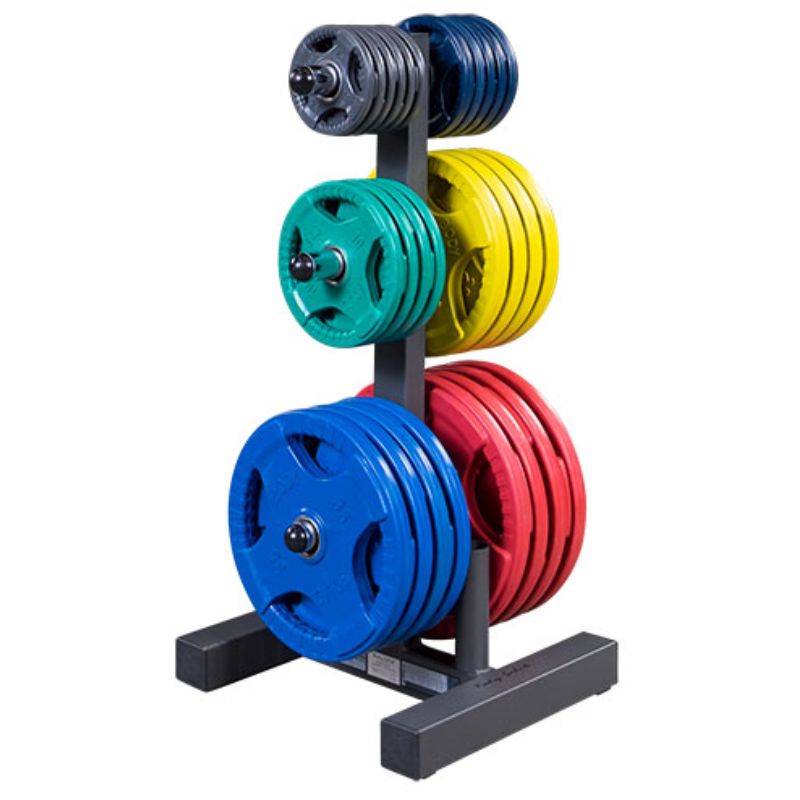 Body-Solid Olympic Plate Tree & Bar Holder - WT46 with Body Solid Color Rubber Grip Olympic Plates