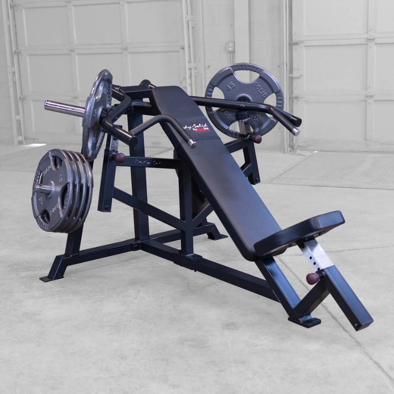Body-Solid Pro ClubLine Leverage Incline Press - LVIPB Angled view with olympic plates