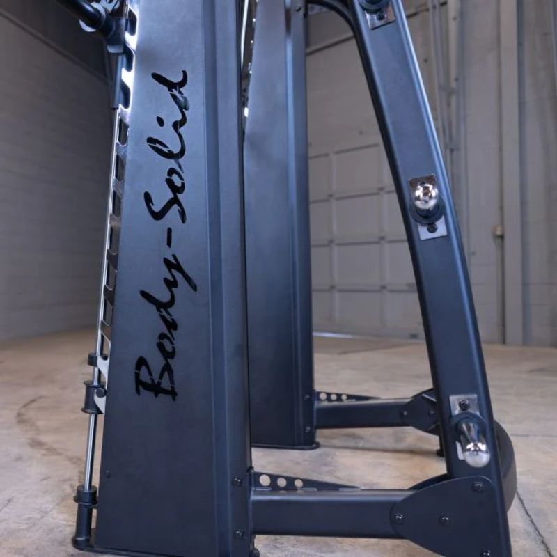 Body-Solid Pro Clubline Counter-Balanced Smith Machine - SCB1000B Side Profile with Body-Solid Logo