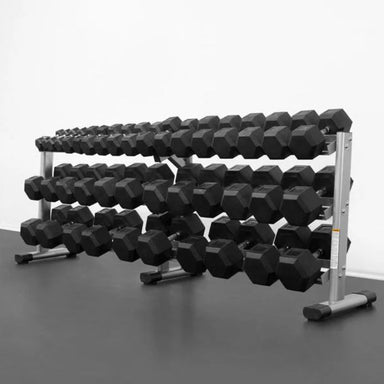 BodyKore RB5100 5-100lb Rubber Hex Dumbbell Set Hexagon-shaped, no roll heads for easy storage and stability