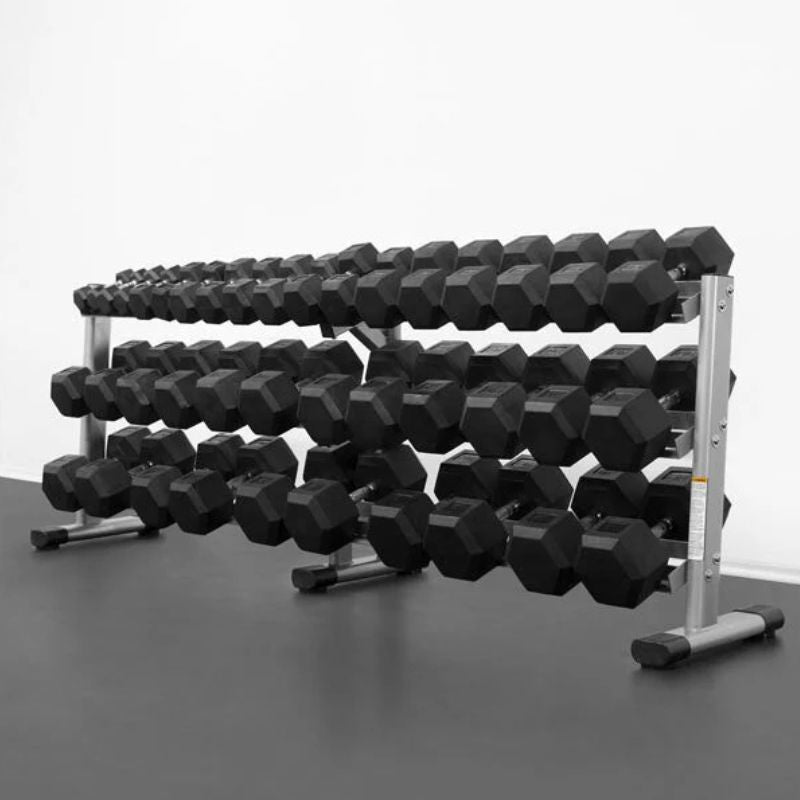 BodyKore RB5100 5-100lb Rubber Hex Dumbbell Set Hexagon-shaped, no roll heads for easy storage and stability