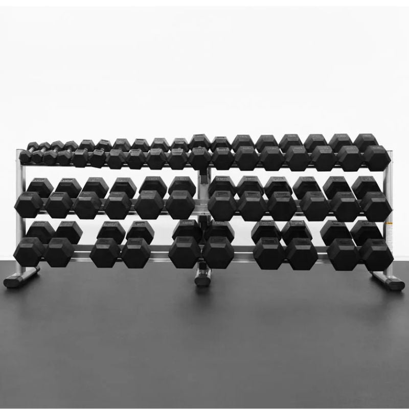 BodyKore RB5100 5-100lb Rubber Hex Dumbbell Set Silver Main Display