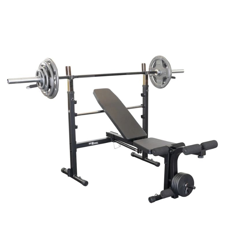 Body Solid Best Fitness BFOB10B Olympic Bench withb olympic weight plates and bars