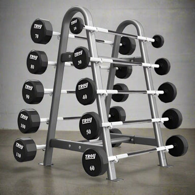 COMMPAC-TSBU110 Troy 12-Sided Urethane Straight Barbell Set with Rack