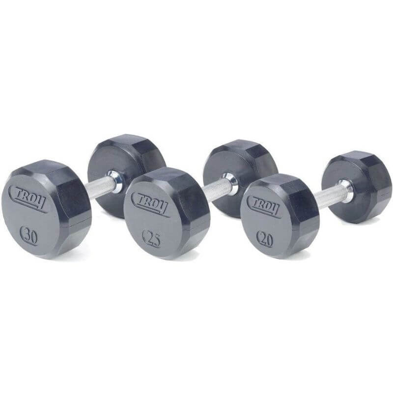 COMMPAC-TSDR100 TROY 5-100lb Rubber Encased 12-Sided Dumbbell 30b 25lb and 20lb