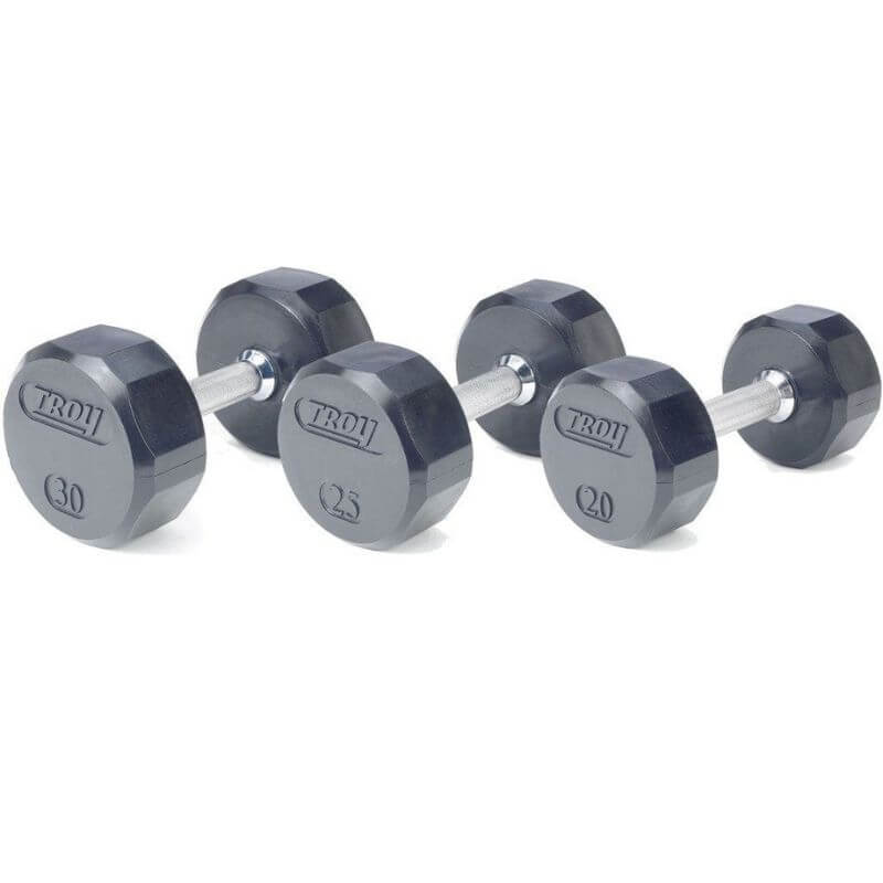 COMMPAC-TSDR50 TROY 5-50lb Rubber Encased 12 - Sided Dumbbell 30lb, 25lb and 20lb