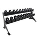 Defiant Strength 2 Tier Adjustable Saddle Rack - DS-953SR Angled View with Dumbbells