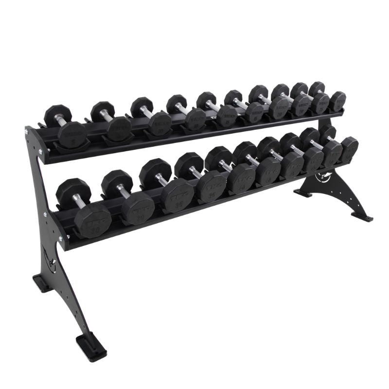 Defiant Strength 2 Tier Adjustable Saddle Rack - DS-953SR Angled View with Dumbbells