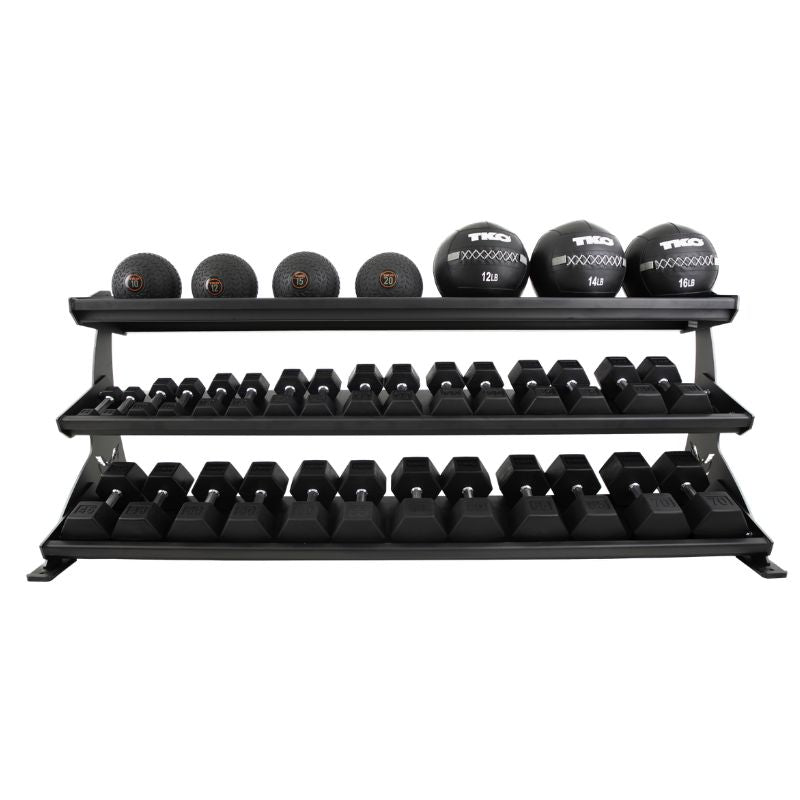Defiant Strength 2 Tier Adjustable Saddle Rack - DS-953SR With Med Balls and Dumbbells