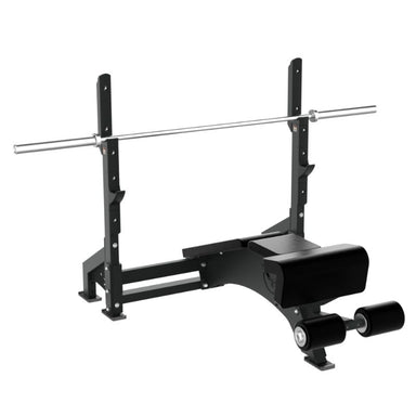 Defiant Strength Olympic Decline Bench Press with Plate Storage – DS-945 Angled View