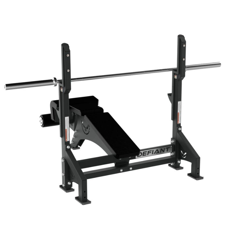 Defiant Strength Olympic Decline Bench Press with Plate Storage – DS-945 Back Angled View