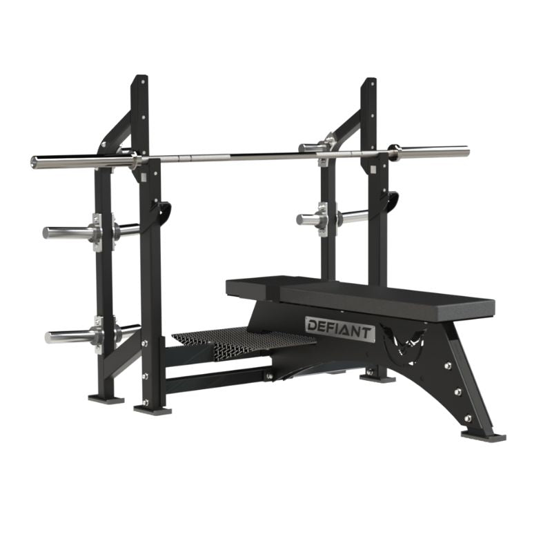 Defiant Strength Olympic Flat Bench Press with Plate Storage – DS-943 Angled View