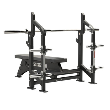 Defiant Strength Olympic Flat Bench Press with Plate Storage – DS-943 Back Angled View