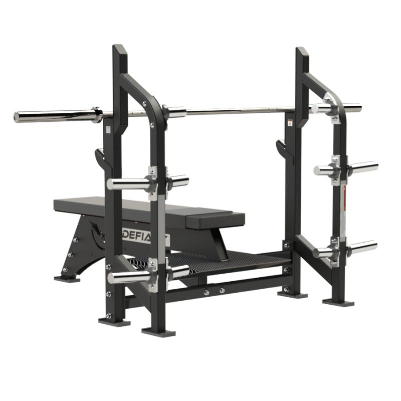 Defiant Strength Olympic Flat Bench Press with Plate Storage – DS-943 Back Angled View