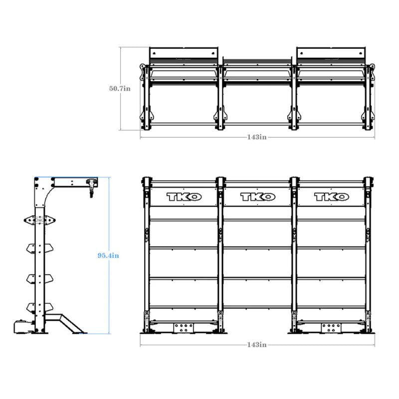 Dimensions  of TKO Strength Freestanding Triple Bay with extra storage 