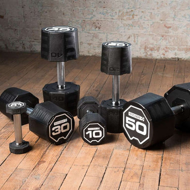 Escape Fitness Nucleus Urethane Dumbbells on a wooden gym floor