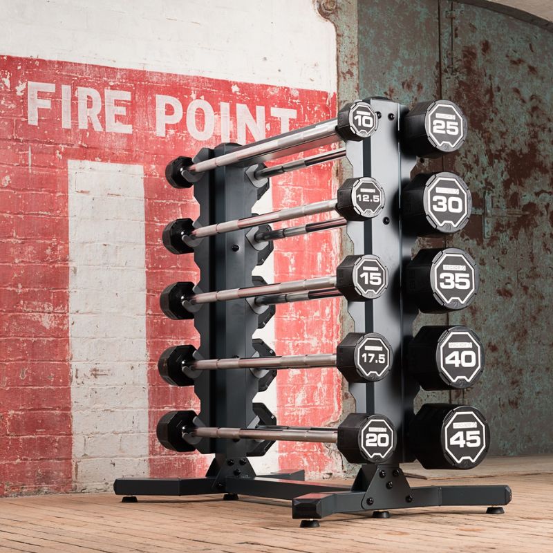 Escape Fitness Urethane Fixed Barbell Side View Details with Rack