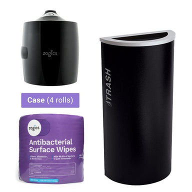 Ex-Cell Black Half Round Trash Can with Antibacterial Wipes and Dispenser on a white background