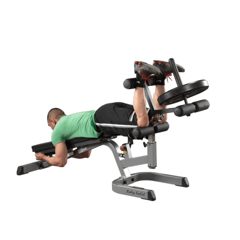 GLDA3  Body Solid 6 Roller Leg Developer Sample Exercise with Bench and Plate