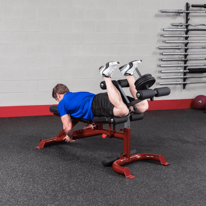 GLDA3  Body Solid 6 Roller Leg Developer Sample Exercise with Bench and Plate